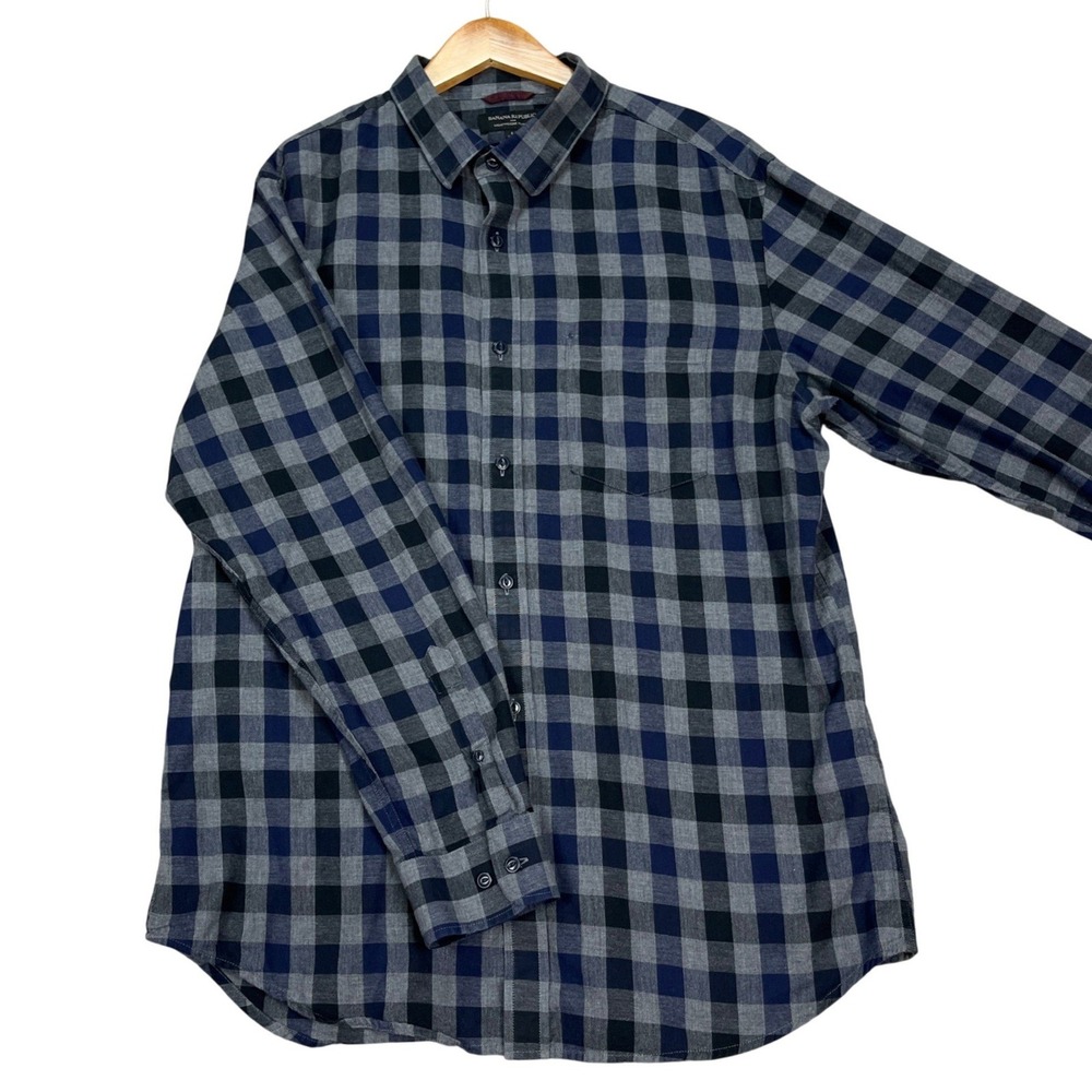 Banana Republic Button Down Shirt Mens Large Blue Gray Buffalo Check Flannel EUC